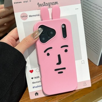 卡通粉紅兔耳朵搞怪 適用蘋果17promax iPhone16pro醜萌表情手機殼硅膠15pro全包防摔14精孔13