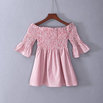 夏款女裝五分袖修身一字領喇叭袖文藝甜美瑞麗T恤衫時尚