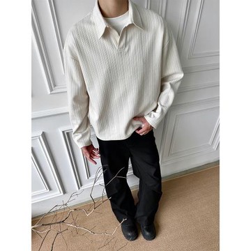 WESSK老錢風polo衫麥穗慵懶cleanfit春秋季休閑v領男加絨長袖襯衣