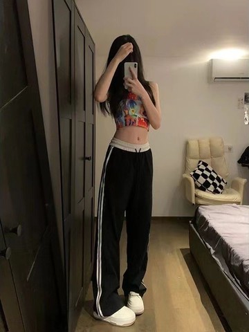 美拉德闊腿褲子女春夏季新款寬鬆顯瘦百搭美式條紋休閒運動衛褲子