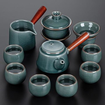哥窯功夫茶具套裝家用側把泡茶壺陶瓷日式茶杯辦公室會客喝茶小套