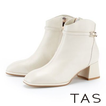 TAS 質感方釦真皮中跟短靴 米白