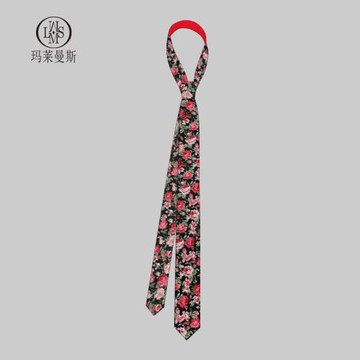 韓版領帶學院風手打襯衫裝飾女時尚棉黑底牡丹花紋小眾設計休閑潮