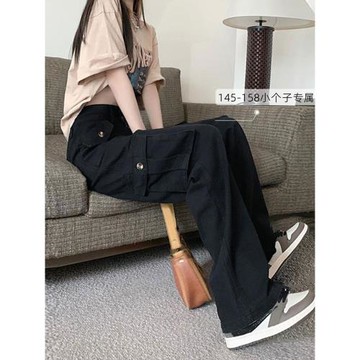 多口袋美式黑色牛仔工裝褲女小個子春秋新款直筒闊腿褲女休閑九分