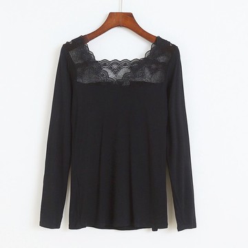 V領蕾絲露背T恤衫 春季新款長袖寬松彈力莫代爾打底衫女上衣C/9-1