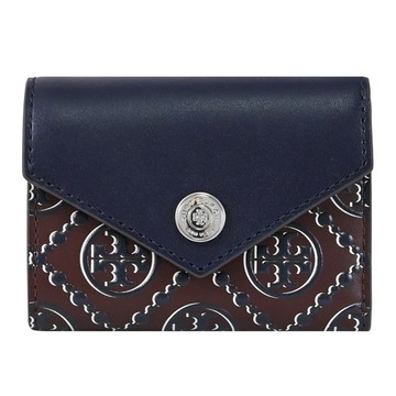 TORY BURCH 175043 撞色立體花紋扣式三折小短夾.深藍/棕