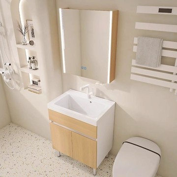 原木奶油風洗手盆加深新款小戶型浴櫃陶瓷一體盆衛生間洗手盆櫃J-38公司貨