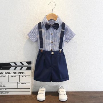 男童背帶褲兩件套學院風夏季新款兒童條紋禮服畢業合唱攝影演出服