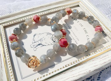 灰月光石/薔薇輝石/玫瑰金 手作設計款能量水晶手鍊