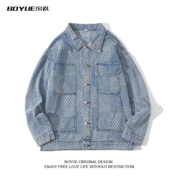 BOYUE帛躍美式復古撞色格子牛仔外套男潮牌春秋新款高街時尚夾克