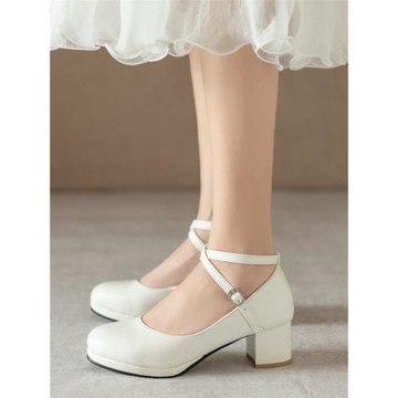 配馬面裙，有氣質！白色高跟鞋圓頭中跟瑪麗珍粗跟女鞋小皮鞋旗袍