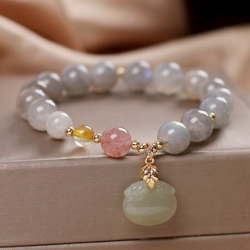 小眾設計天然草莓晶灰月光石手鏈女轉運招桃花穩定愛情手串女手環