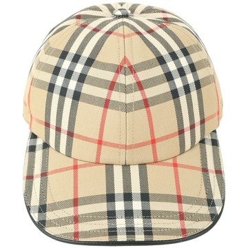 BURBERRY 巴寶莉 Check 經典格紋羊皮飾邊棉質棒球帽(全黑內裡/卡其色)