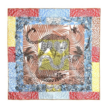 [平輸版]Hermes 愛馬仕  Jungle Love stamped 叢林之愛 70 方絲巾(粉紅藍)真品平輸