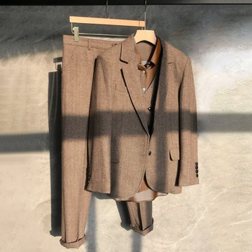 英倫復古羊毛呢人字紋男士大碼西服套裝 歐美粗花呢胖子西服外套鑫弘-錦衣華服