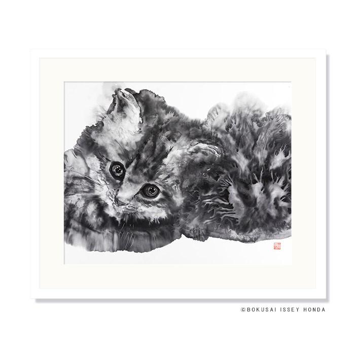 絵画 インテリア 猫「陽だまり 2」ネコ 85cm×72cm モノクロ 額付き