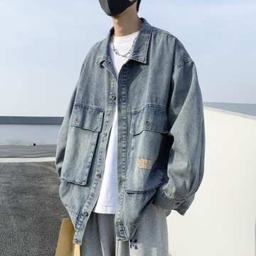 日系復古寬松大口袋翻領牛仔外套男女潮牌工裝夾克港風情侶裝春秋