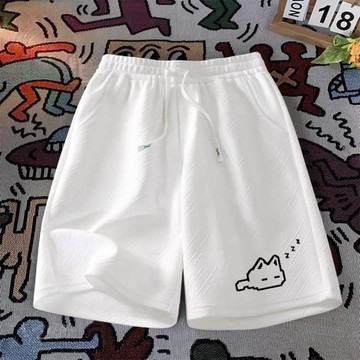 簡約港風小貓印花短褲 男生 女生 舒適 透氣 瞌睡貓 棉短褲 夏季時尚寬鬆薄款五分褲 L778