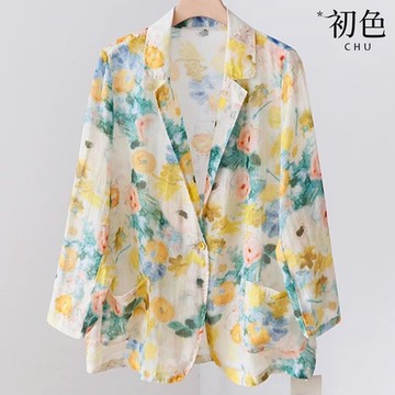 初色 碎花印花輕薄防曬遮陽寬鬆西裝領長袖西裝外套女外套-黃花-36979(M-2XL可選)