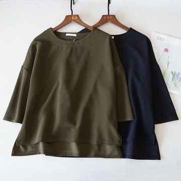 小瑕疵日系女士春秋季新款圓領寬松七分袖T恤百搭上衣1512純色