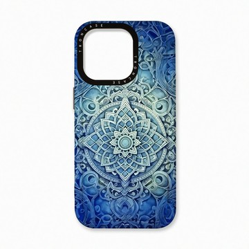iPhone 16 Pro 殼 TRON IPhone 16 Pro 藍色漸層印度Henna幸運祝福圖騰 太空殼 透黑款 手機殼