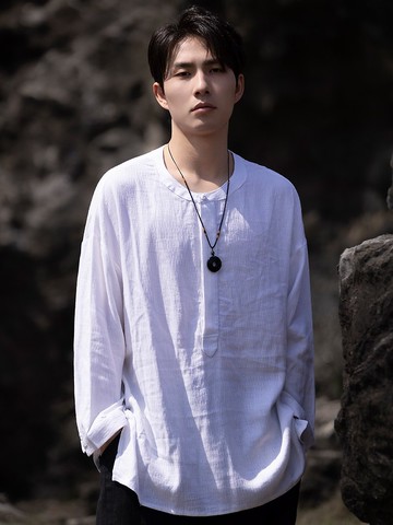 新中式復古 亞麻盤扣長袖襯衫