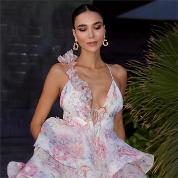 2025年夏季女裝跨境速賣通爆款氣質甜美印花露背綁帶短裙蛋糕裙