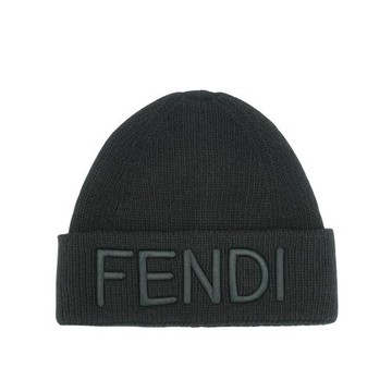 Fendi 羊毛品牌刺繡logo毛帽#S(黑)