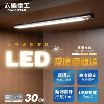 【太星電工】LED人體感應櫥櫃燈(30cm) 超薄 磁吸安裝 USB充電 三色光 (智能感應 / 櫥櫃條燈/樓梯燈)