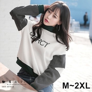 【QV2198】魔衣子-撞色拼接字母刷毛長袖上衣