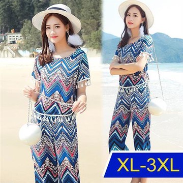 【韓國K.W.】渡假風涼棉清爽套裝(涼感/二件套/輕薄/短袖)