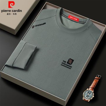 皮爾卡丹高檔男士桑蠶絲圓領衛衣中年長袖t恤時尚大碼休閑打底衫