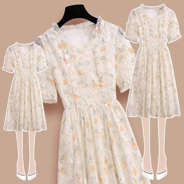 碎花連身裙 夏季洋裝 a字裙 碎花連身裙 夏季洋裝 a字裙 碎花裙連衣裙女夏季25年新款小個子氣質收腰短袖超好看仙女裙子