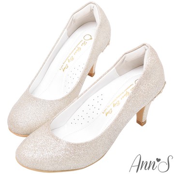 Ann’S不想當伴娘-後跟水鑽皇冠圓頭低跟婚鞋7cm-淺金
