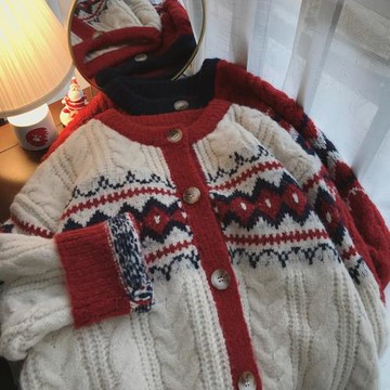 橘喵家復古提花圓領針織開衫女2023年秋冬新款圣誕紅色毛衣外套潮