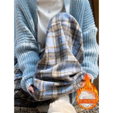 今年流行的爆款毛呢格子褲女秋冬2024新款高腰垂感休閑加絨闊腿褲