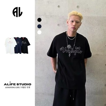 【ALIFE】韓系 高品質 刺繡 玫瑰 虛線 寬鬆 短T 3色 寬版 情侶 韓國 韓系 百搭 落肩 #7094P