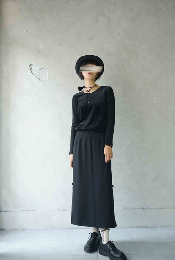 尋寶古著-黑色絨面羅紋針織袖拼接上衣