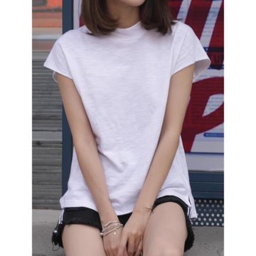 2025夏裝竹節棉半高領純棉t恤女上衣韓國寬松開叉新款短袖打底衫