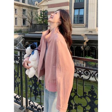 粉色立領麂皮絨外套女春秋2025超火獨特漂亮減齡韓系休閑夾克上衣