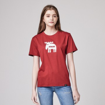 moz瑞典胸前萌樣駝鹿印花100%純棉短T罌粟紅(亞洲版)女款