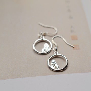 原創925純銀耳飾江南古典文藝圓形雙蝴蝶耳環配禮盒1入