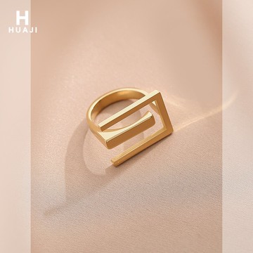 花跡金色方形戒指女歐美時尚個性食指戒冷淡風小眾設計感指環