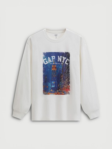 男裝 Logo純棉印花圓領長袖上衣-白色