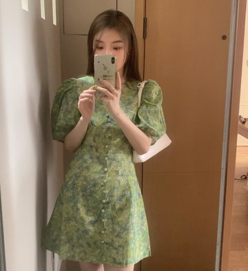 復古碎花v領短袖連衣裙女夏季年新款韓版收腰顯瘦a字短裙潮