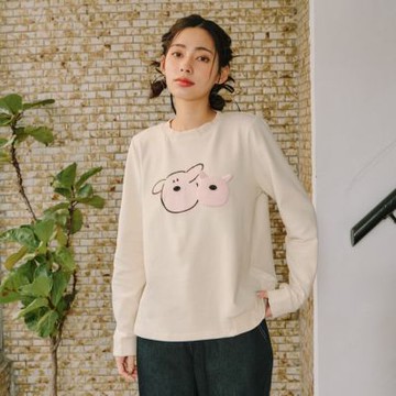 【Dailo】可愛小豬羅紋剪接設計棉T 綠 米 灰