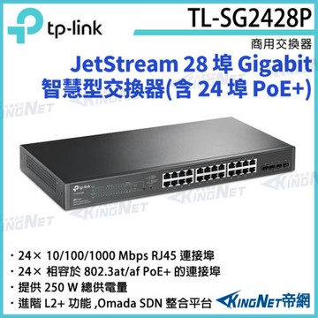 【KINGNET】TP-LINK Omada 28 埠 Gigabit 智慧型交換器 (含 24 埠 PoE+) TL-SG2428P