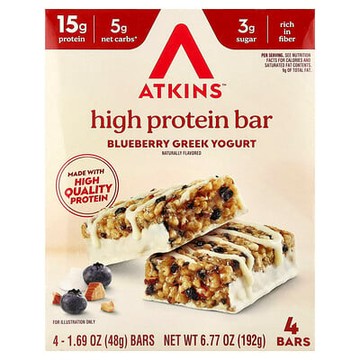 Atkins, 高蛋白質棒，藍莓希臘酸乳味，4 根，每根 1.69 盎司（48 克）