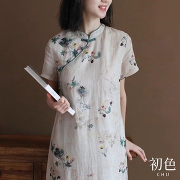 初色 立領復古碎花印花寬鬆顯瘦旗袍短袖連身裙洋裝-杏色-35275(M-2XL可選)
