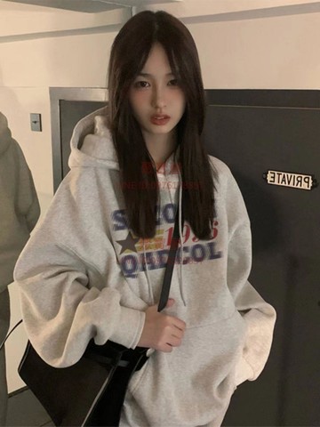 連帽衛衣女慵懶風白灰色美式復古國潮牌寬松上衣時尚潮加絨加厚春秋款【聚寶屋】